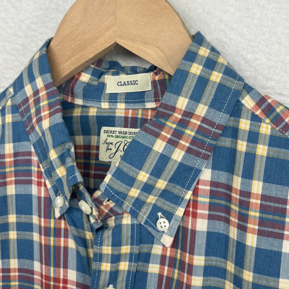 J.CREW Shirt Mens M Secret Wash Classic Plaid Stretch Organic Cotton Blue
